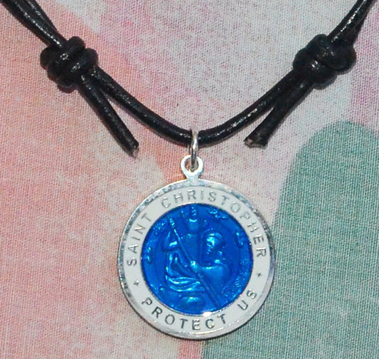 St. Christopher Surfer Medal Blue with White Rim and Black Leather Cord Choker