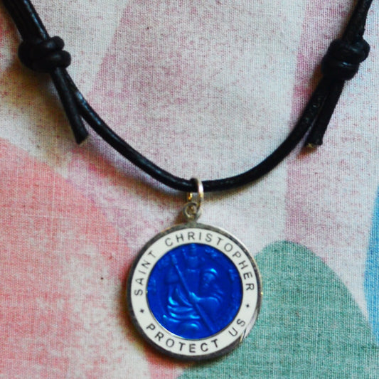 St. Christopher Surfer Medal Blue with White Rim and Black Leather Cord Choker
