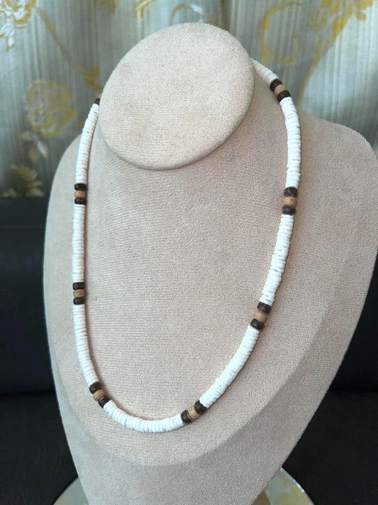 Native Treasure Smooth White Puka Shell Necklace Brown Coco Beads - 13" to 30"