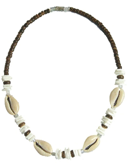 Native Treasure - Cowrie Shell Brown Coco White Chips Puka Shell Necklace - 12" to 24"