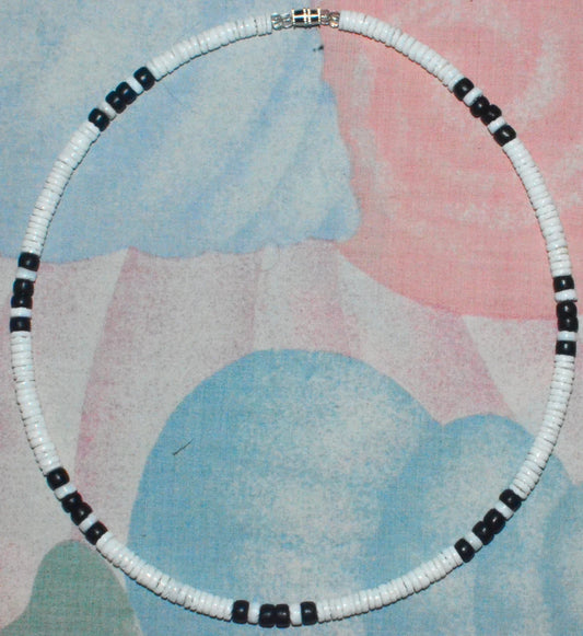 Native Treasure - Necklace or Bracelet - Smooth White Puka Shell, Black Coco Beads 7" to 30"