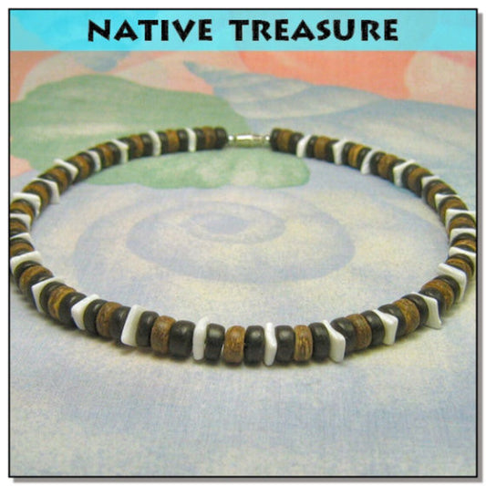 Native Treasure - Brown Black Coco White Chips Puka Shell Necklace - 8mm (5/16")