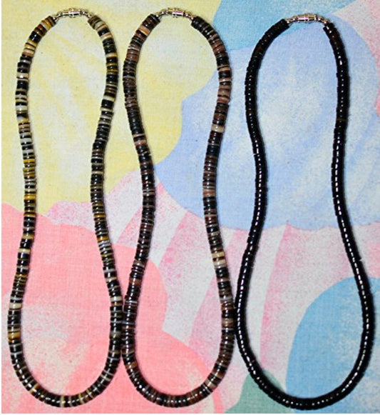 Native Treasure - 18 inch Set of 3, 6mm Heishe Graylip, Brownlip, and Blackpen Puka Shell Necklaces