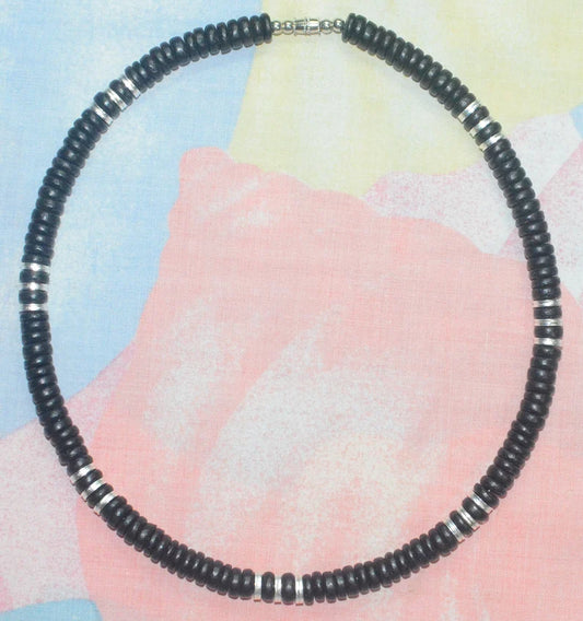 Native Treasure - Raiders Silver and Black Wood Coco Beaded Puka Necklace - 8mm (5/16")