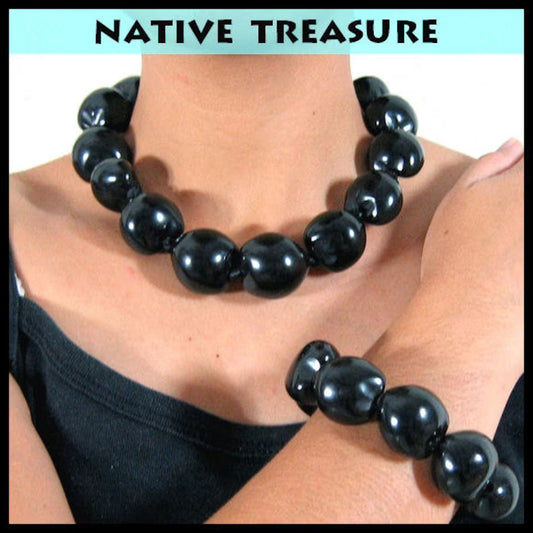 Native Treasure 16" Inch Black Kukui Nut Necklace with Stretch Bracelet