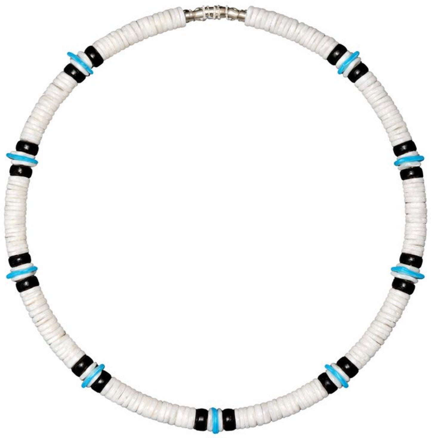 Native Treasure Premium 8mm White Clam Heishi Necklace with Black and Blue Accents