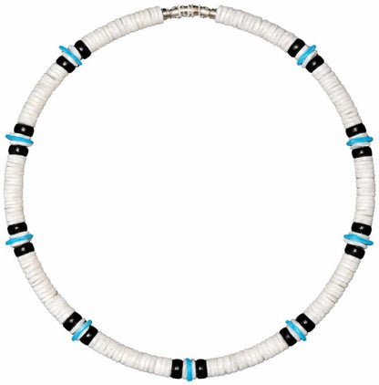 Native Treasure Premium 8mm White Clam Heishi Necklace with Black and Blue Accents