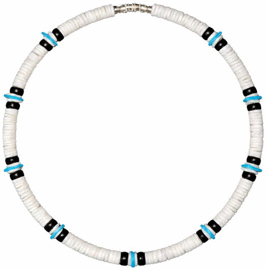 Native Treasure Premium 8mm White Clam Heishi Necklace with Black and Blue Accents